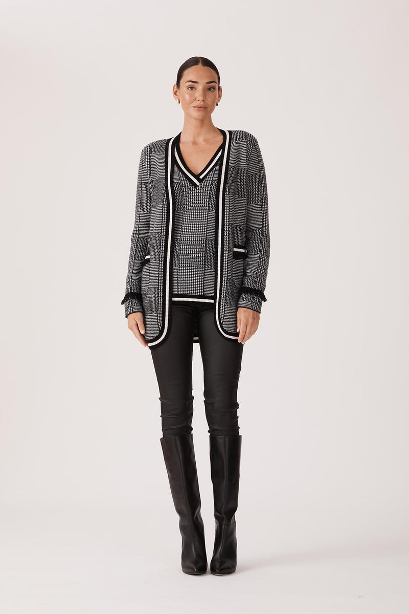 Houndstooth Fringe Cardigan - Black/White