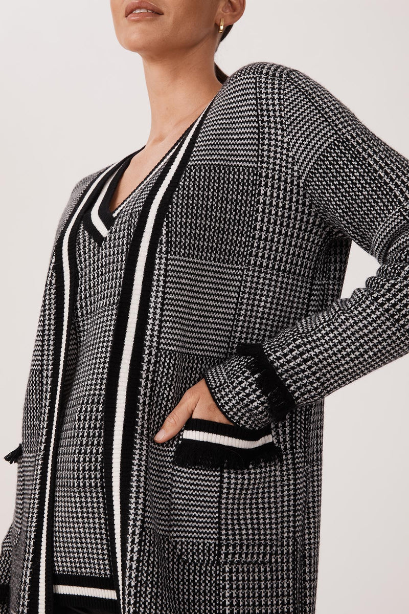 Houndstooth Fringe Cardigan - Black/White