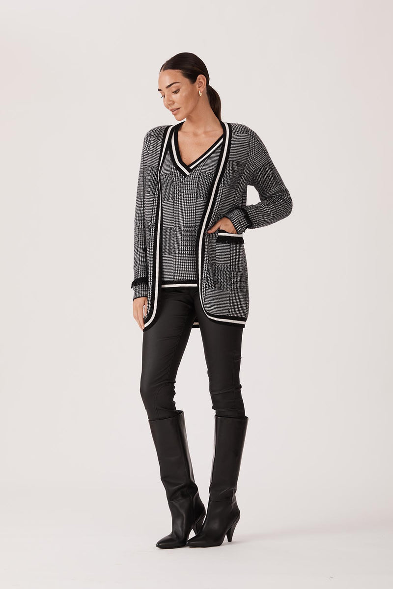 Houndstooth Fringe Cardigan - Black/White